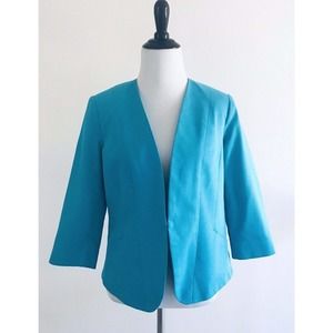 Kate Rosy | V-neck Blazer SM Blue 3/4 Sleeves Lined Stretch Collarless Jacket